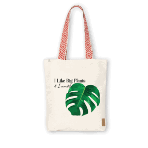 AmuzAnt Ethnic Red Tote bag with a monstera leaf and the text "I like Big Plants & I cannot lie"