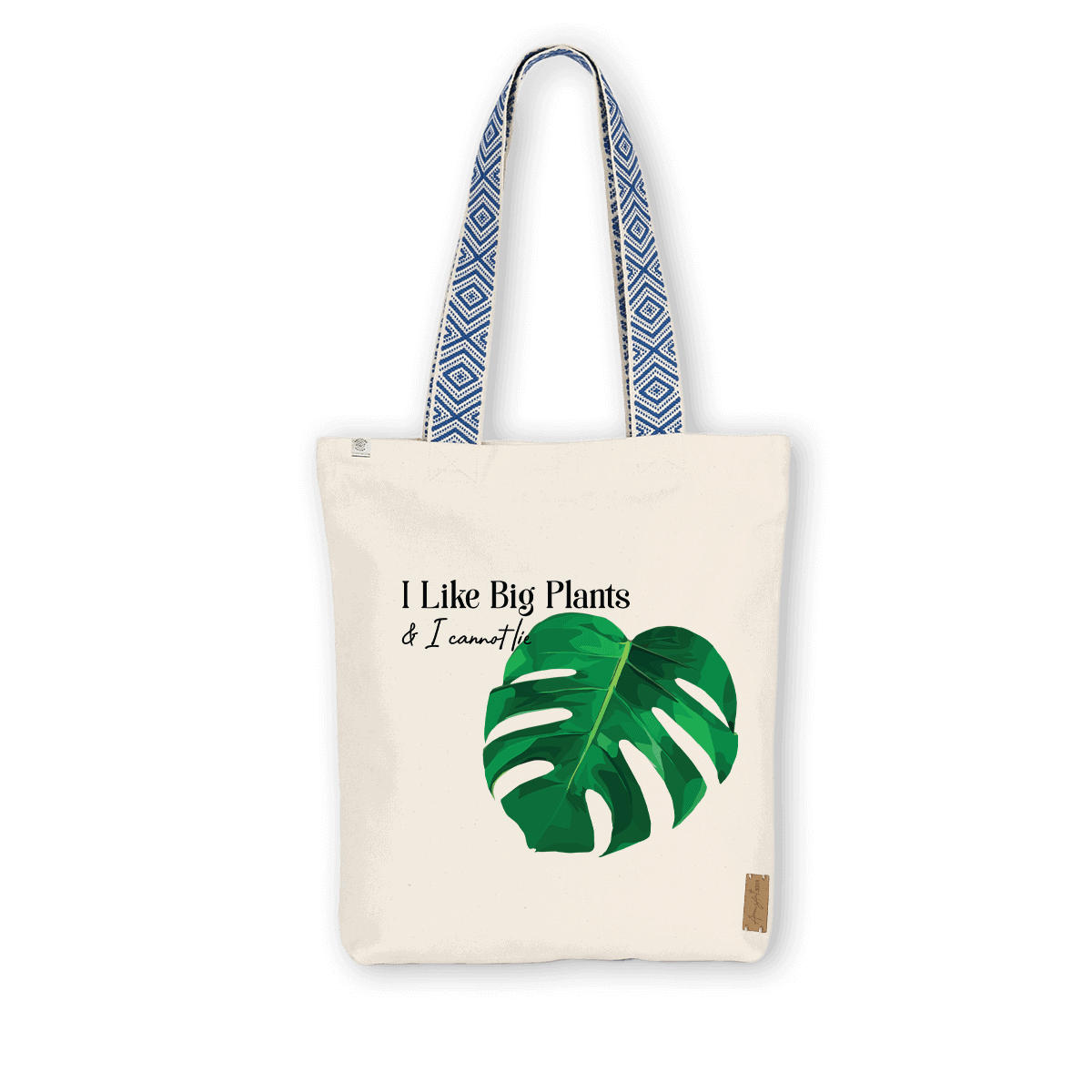 AmuzAnt Ethnic Blue Tote bag with a monstera leaf and the text "I like Big Plants & I cannot lie"