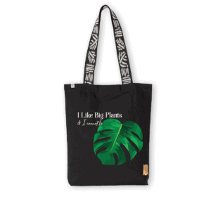 AmuzAnt Nippon Black Tote bag with a monstera leaf and the text "I like Big Plants & I cannot lie"