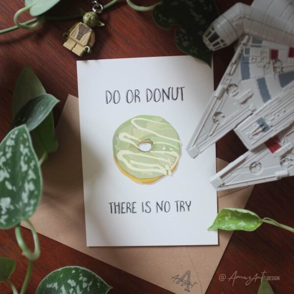 Mood image of the "Do or donut there is no try" AmuzAnt Greeting card and recycled envelope.